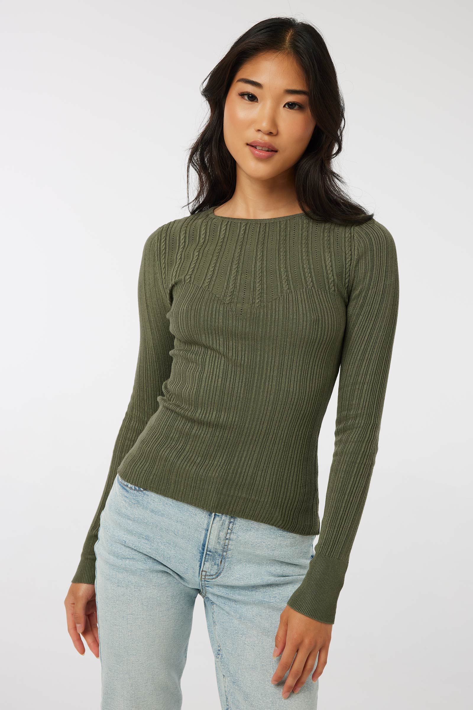 Ardene Bustier-Like Fine Knit Sweater in Khaki | Size Large | Polyester/Rayon