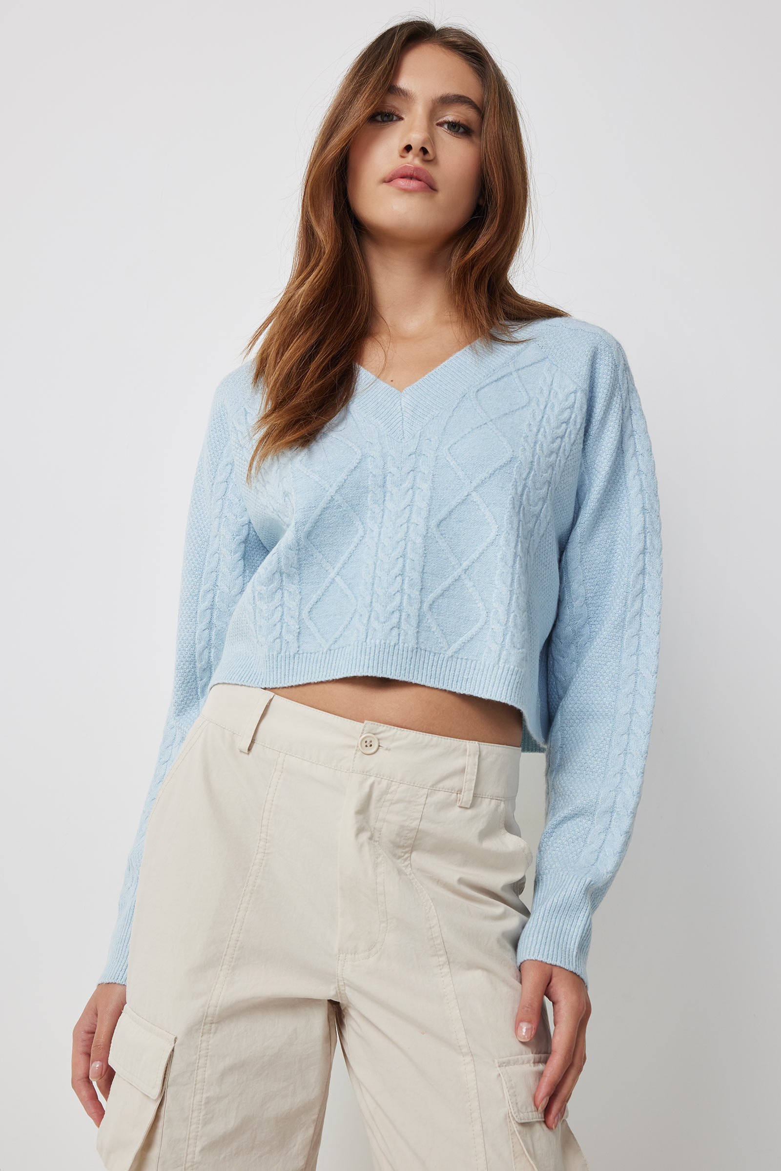 Ardene Cable Knit V-Neck Sweater in Light Blue | Size | Polyester/Spandex