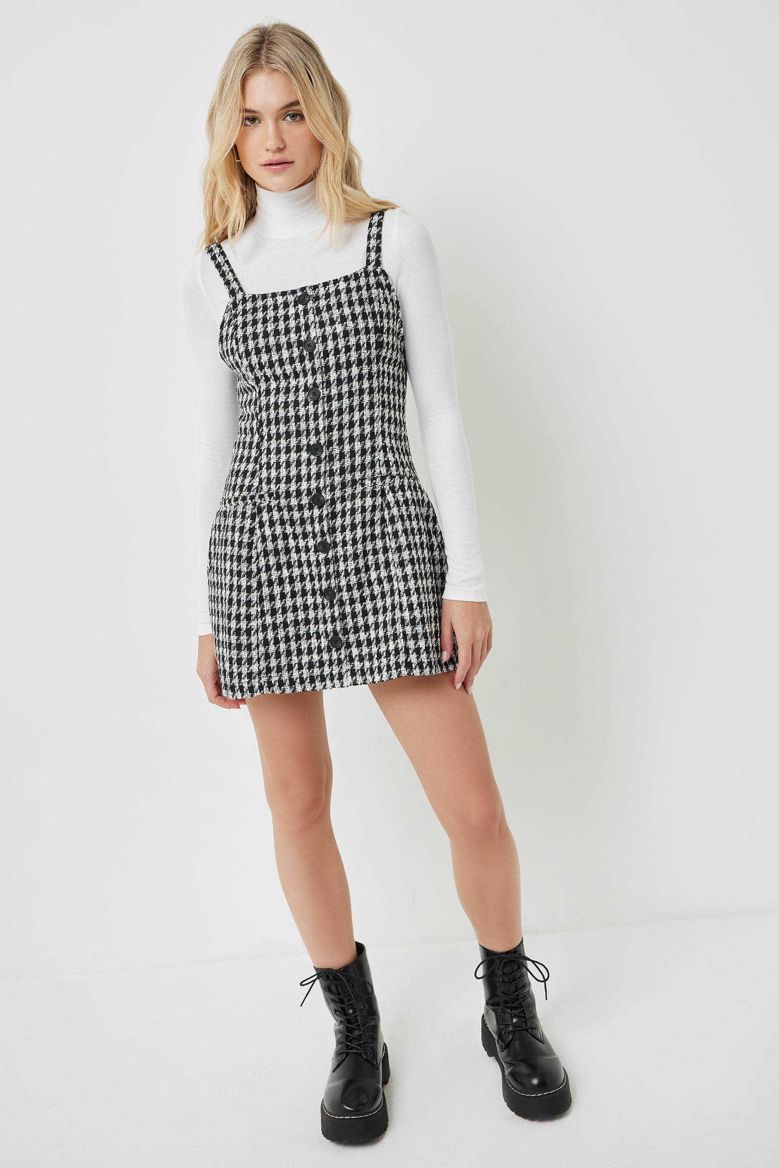 Ardene Tweed Pinafore Dress in Black | Size | Polyester