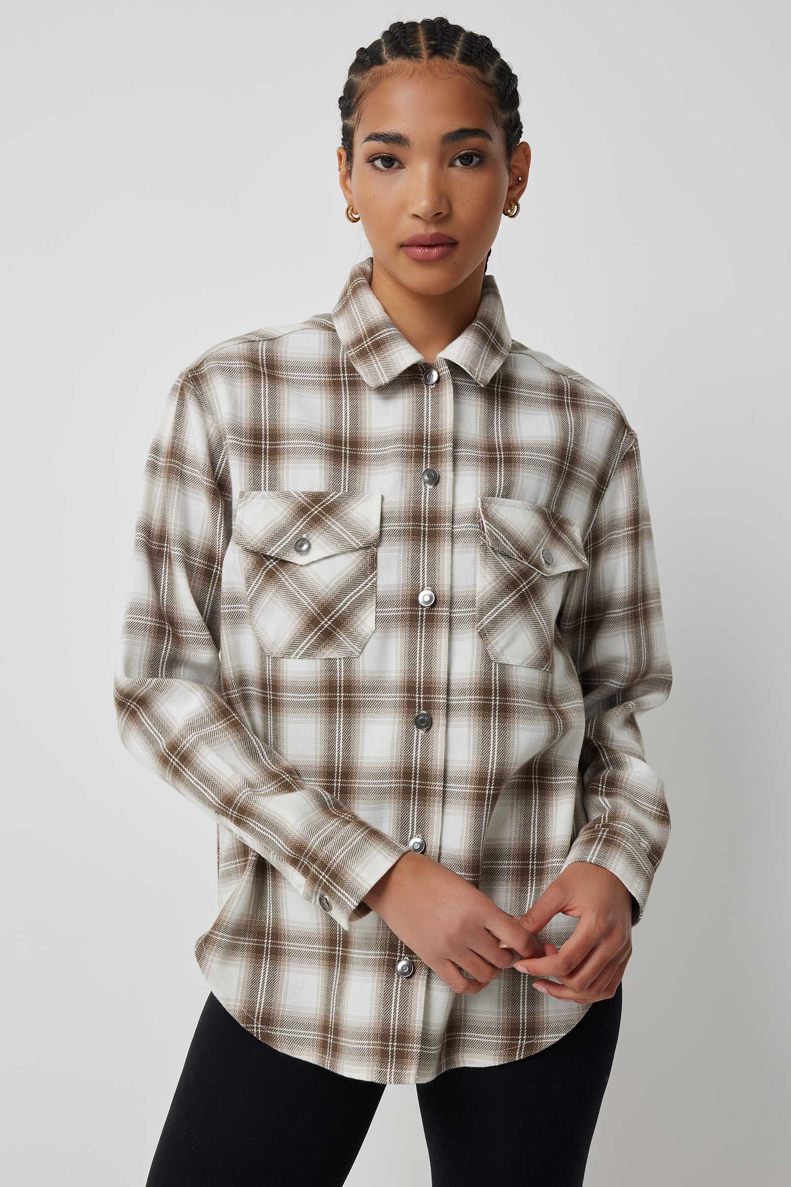 Ardene Twill Plaid Shirt in Beige | Size Small | Polyester