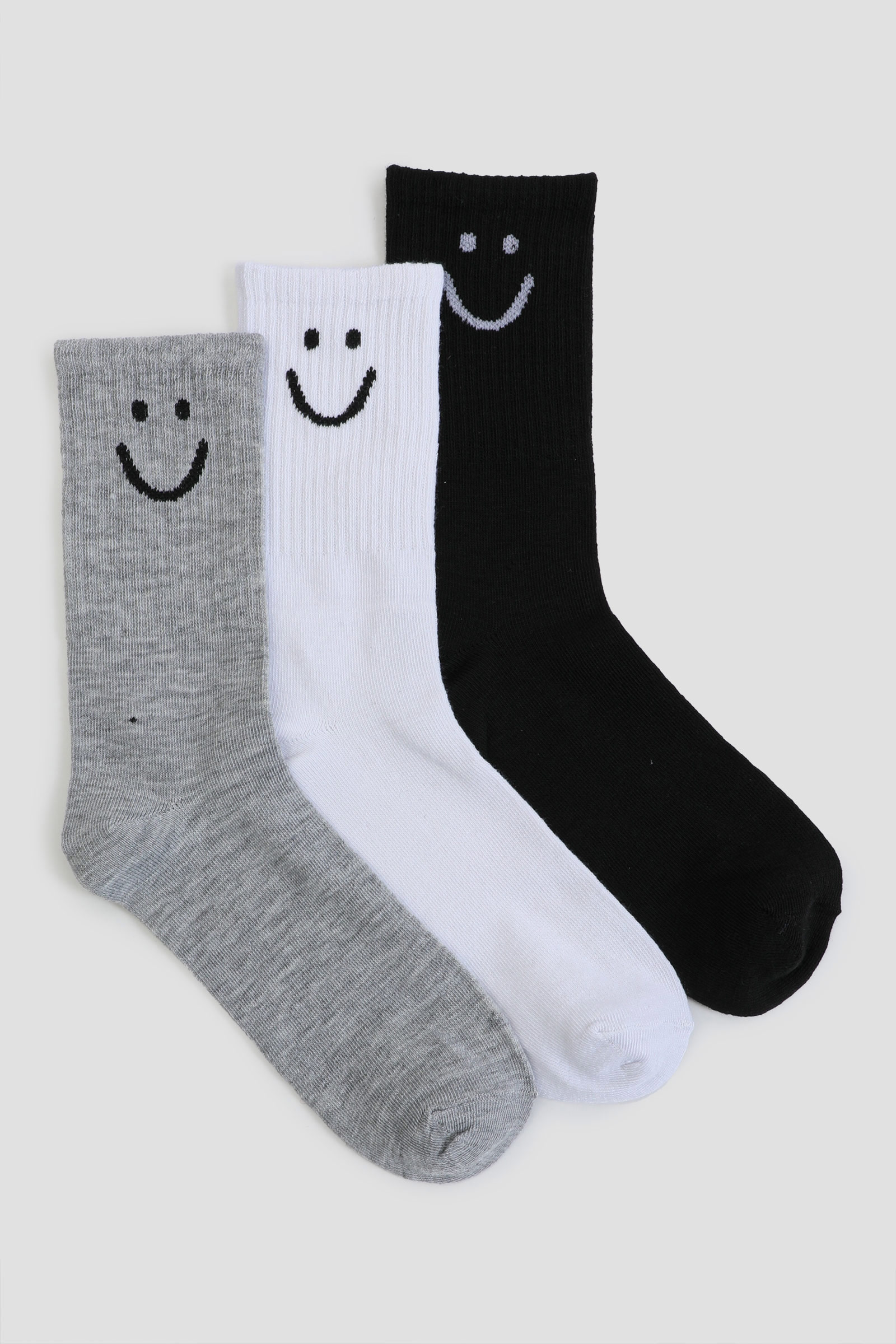 Ardene 3-Pack Smiley Face Crew Socks in Grey | Polyester/Spandex