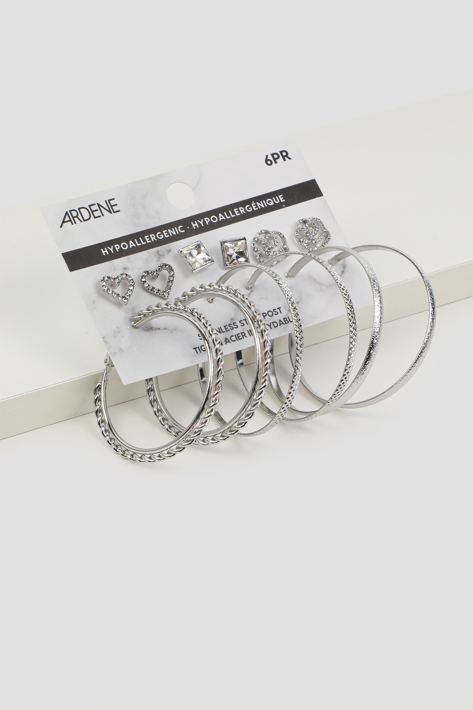 Ardene 6-Pack of Heart & Flower Earrings in Silver | Stainless Steel