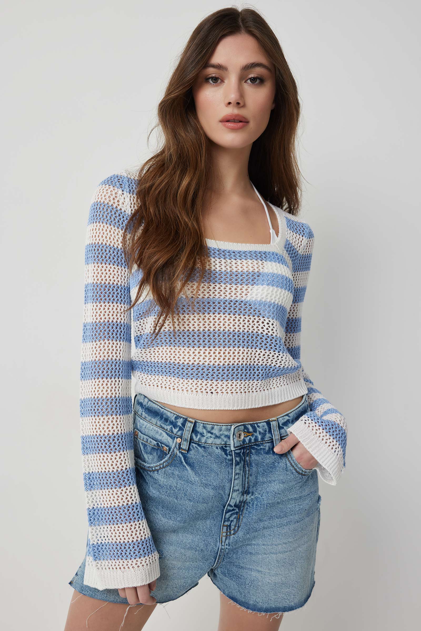 Ardene Striped Crochet Sweater in Light Blue | Size | 100% Acrylic