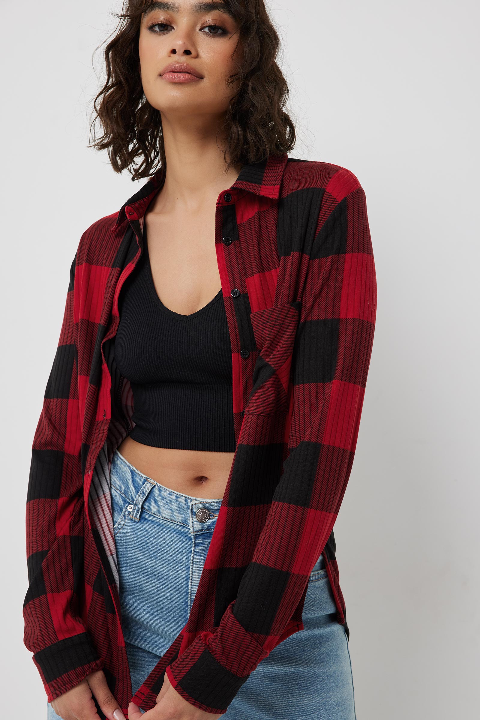 Ardene Super Soft Plaid Ribbed Shirt in | Size | Polyester/Spandex