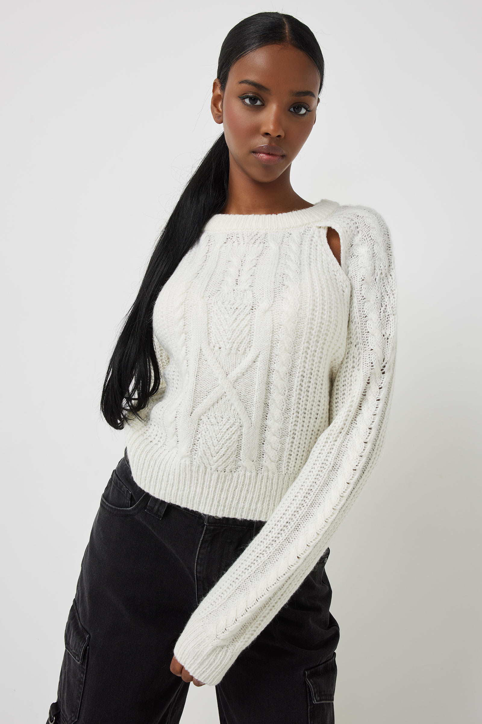 Ardene Cutout Cable Sweater in White | Size | 100% Acrylic