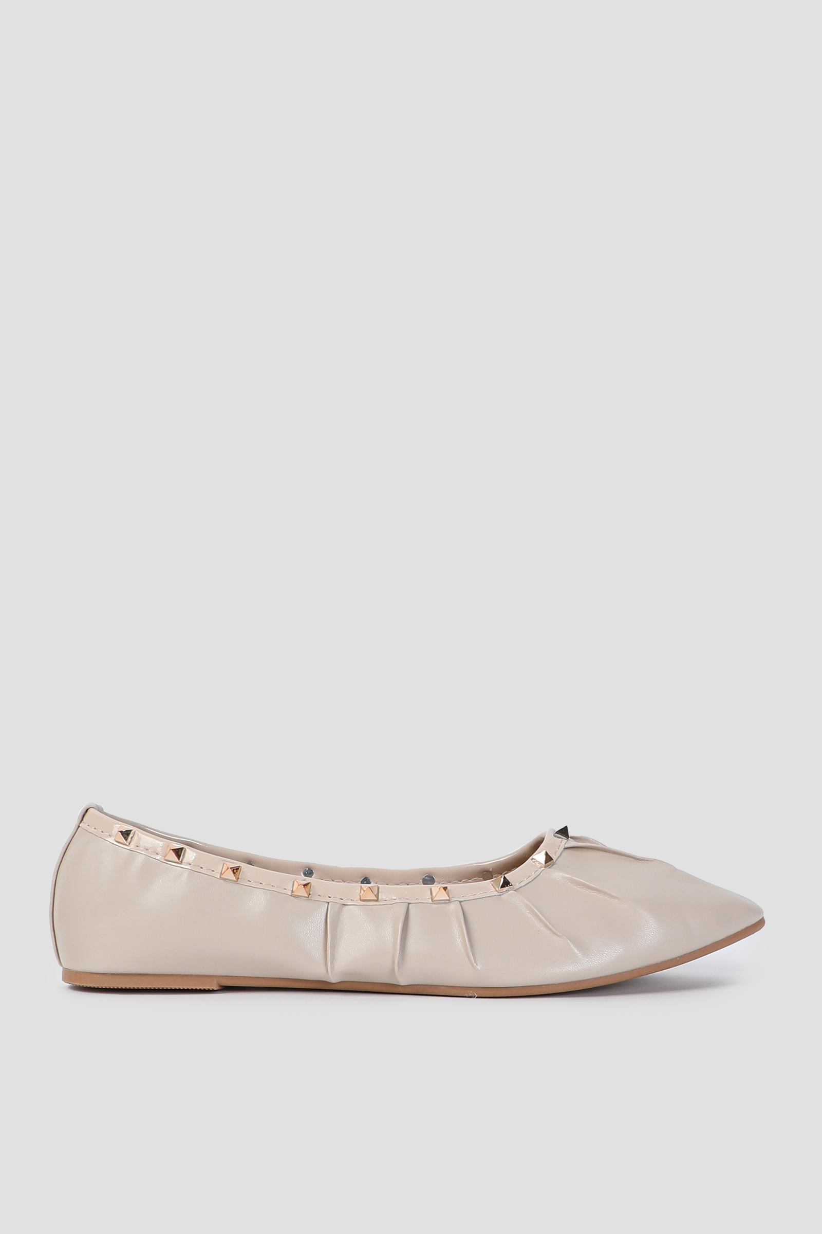 Ardene Pleated Flats with Stud Details in Beige | Size | Faux Leather/Rubber