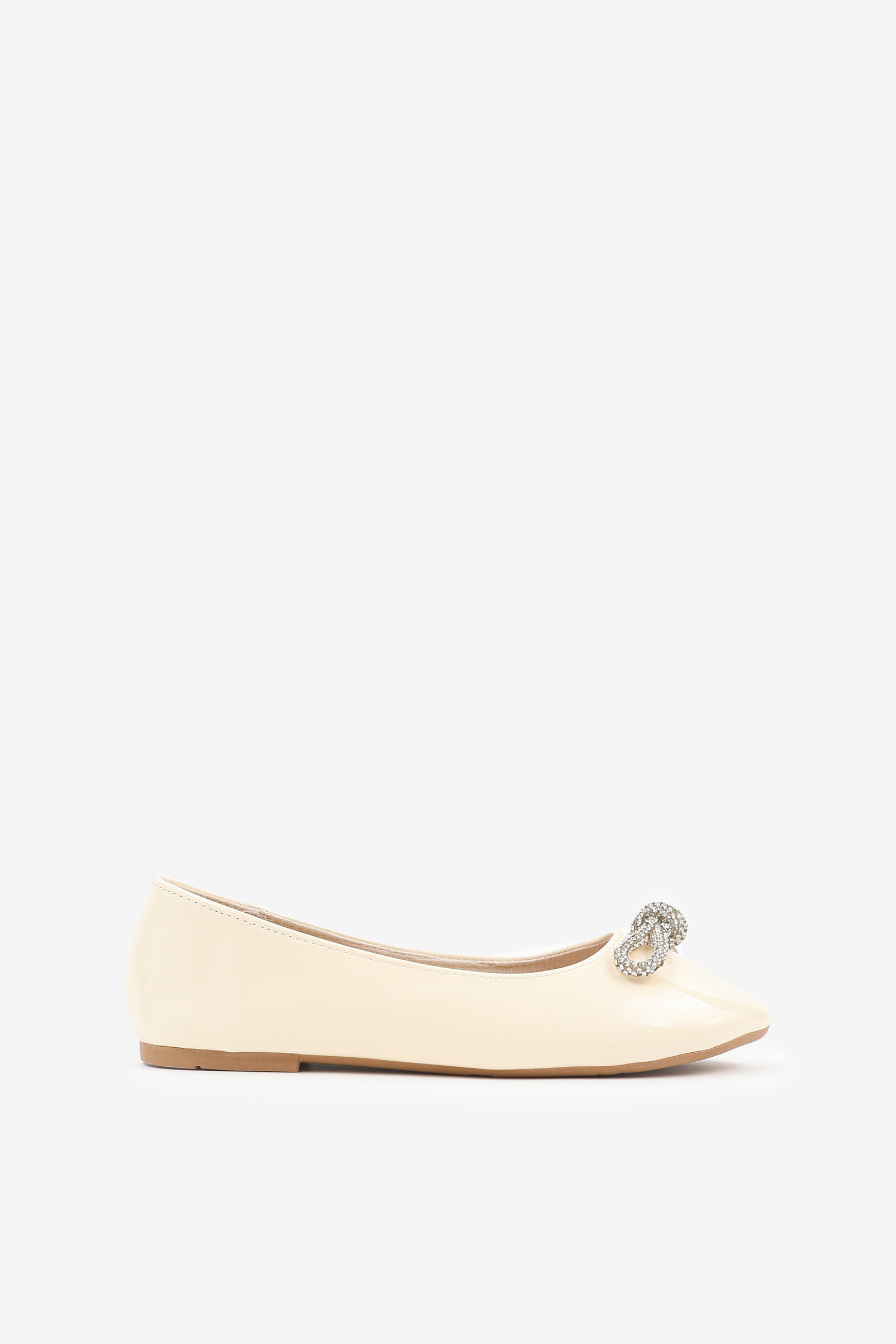 Ardene Ballet Flats with Rhinestone Bow Embellishment in Beige | Size | Faux Leather/Rubber