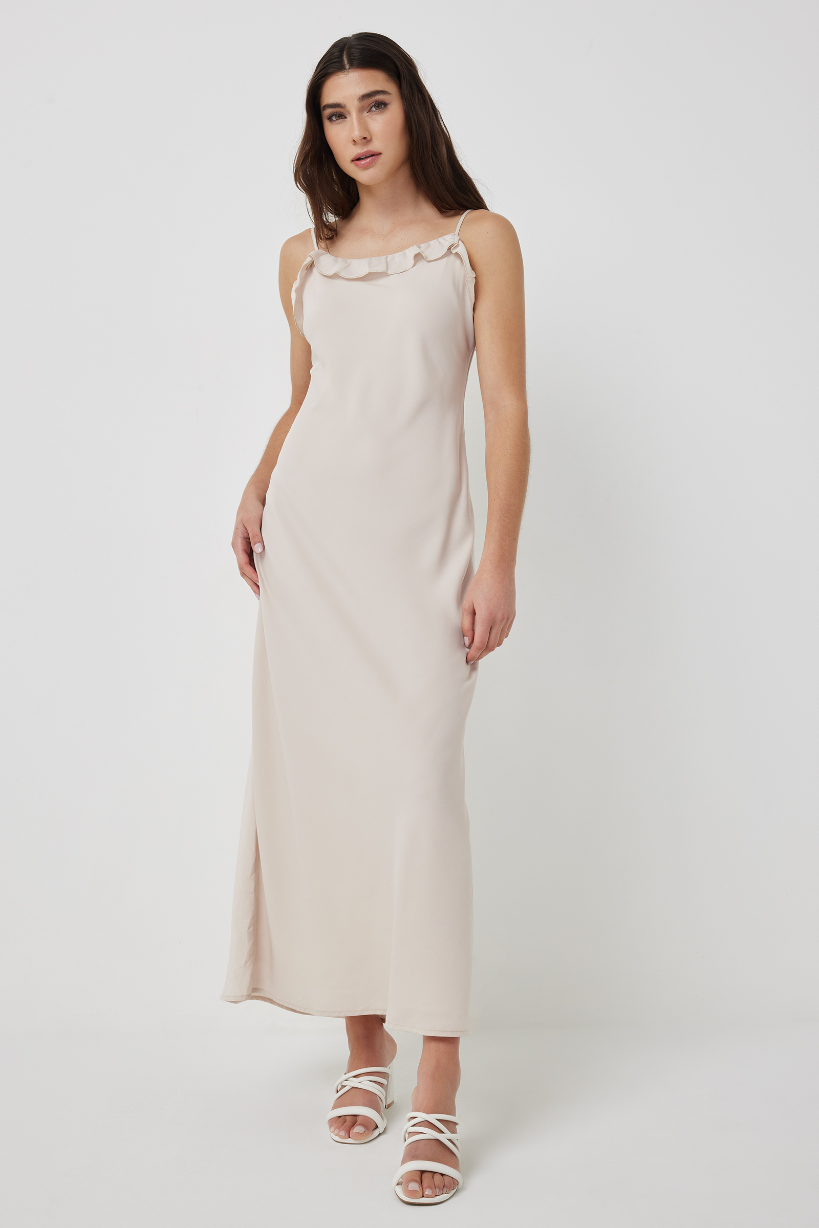 Ardene Long Satin Slip Dress with Ruffle Detail in Beige | Size | Polyester