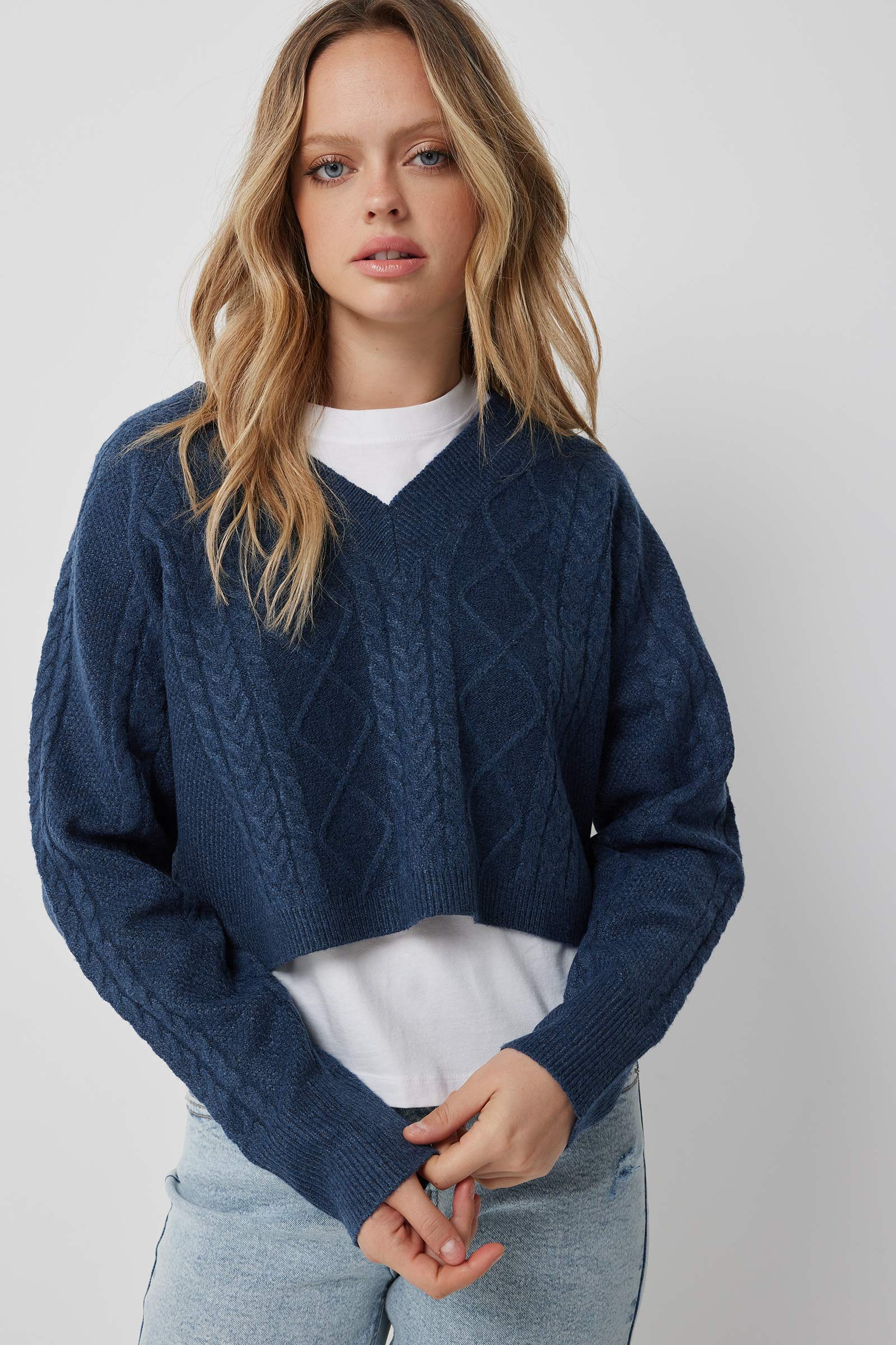 Ardene Cable Knit V-Neck Sweater in Dark Blue | Size | Polyester/Spandex