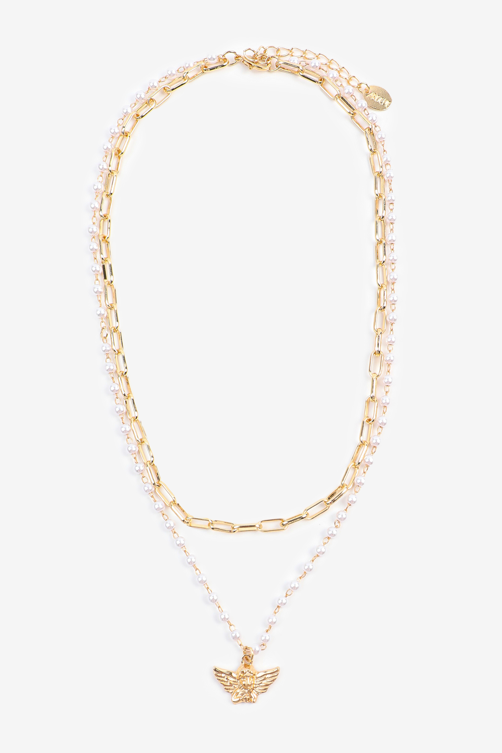 Ardene 2-Row Pearl & Chain Necklace with Angel Pendant in Gold