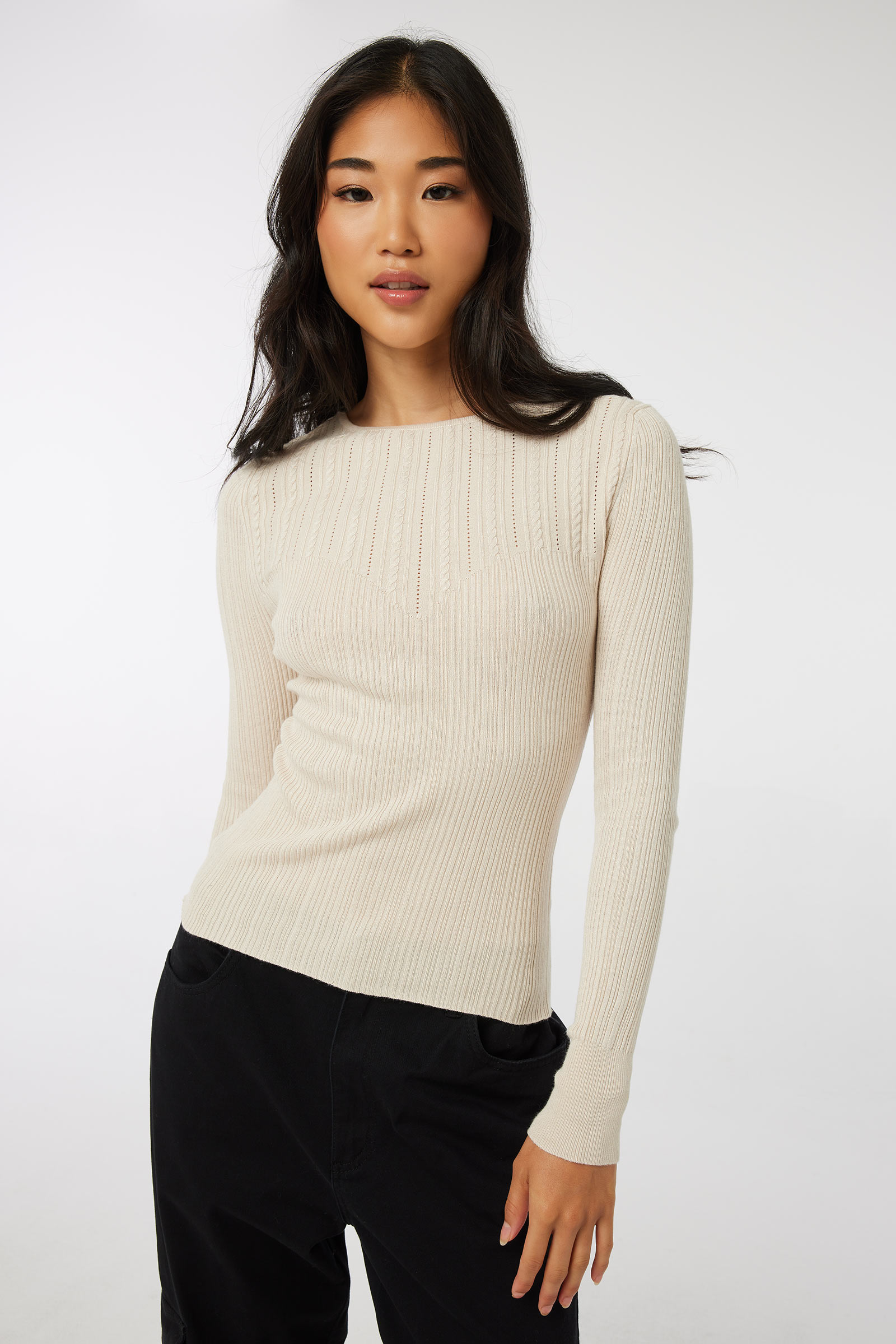 Ardene Bustier-Like Fine Knit Sweater in Beige | Size Large | Polyester/Rayon