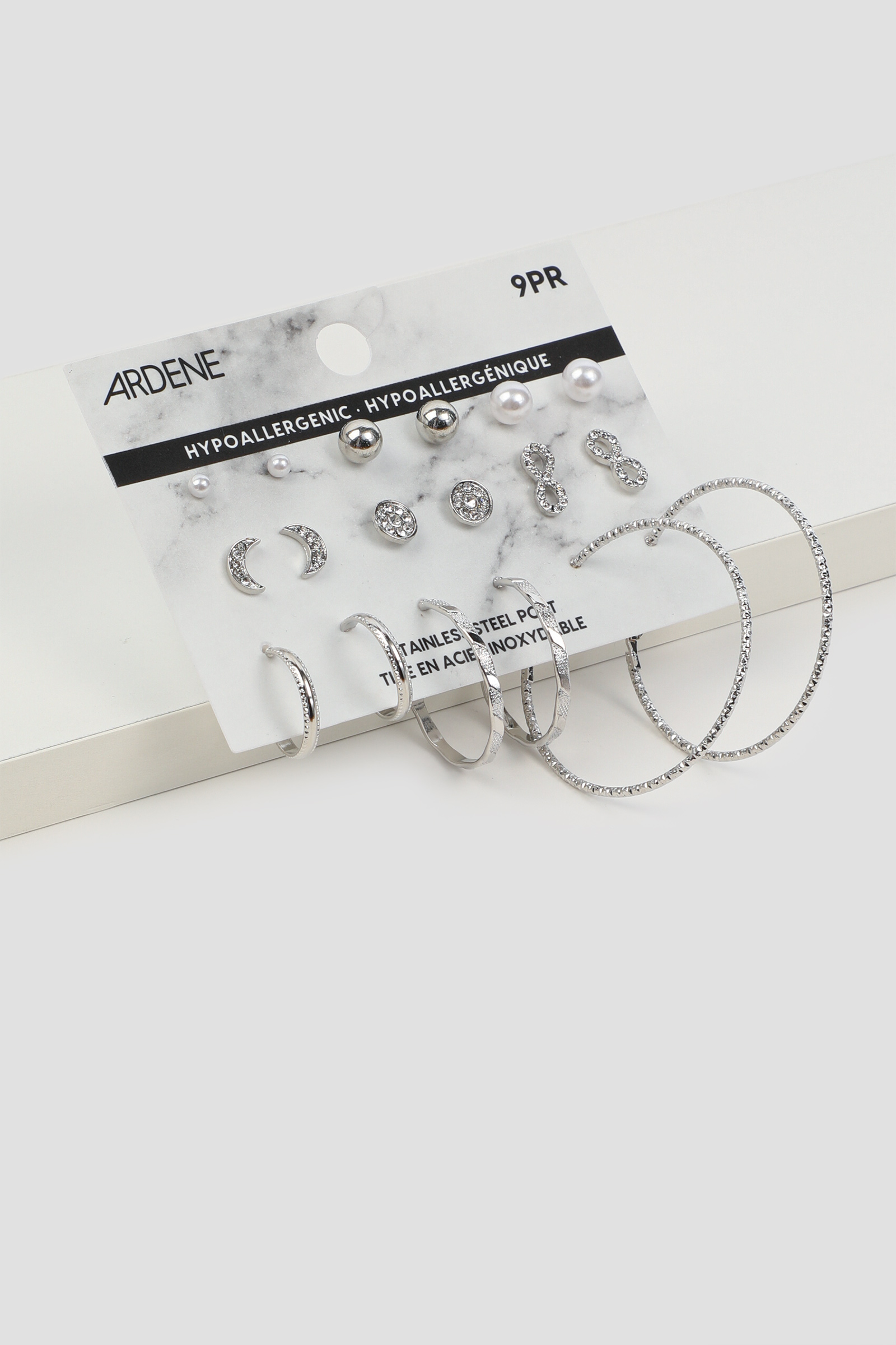 Ardene 9-Pack Assorted Stud & Hoop Earrings in Silver | Stainless Steel