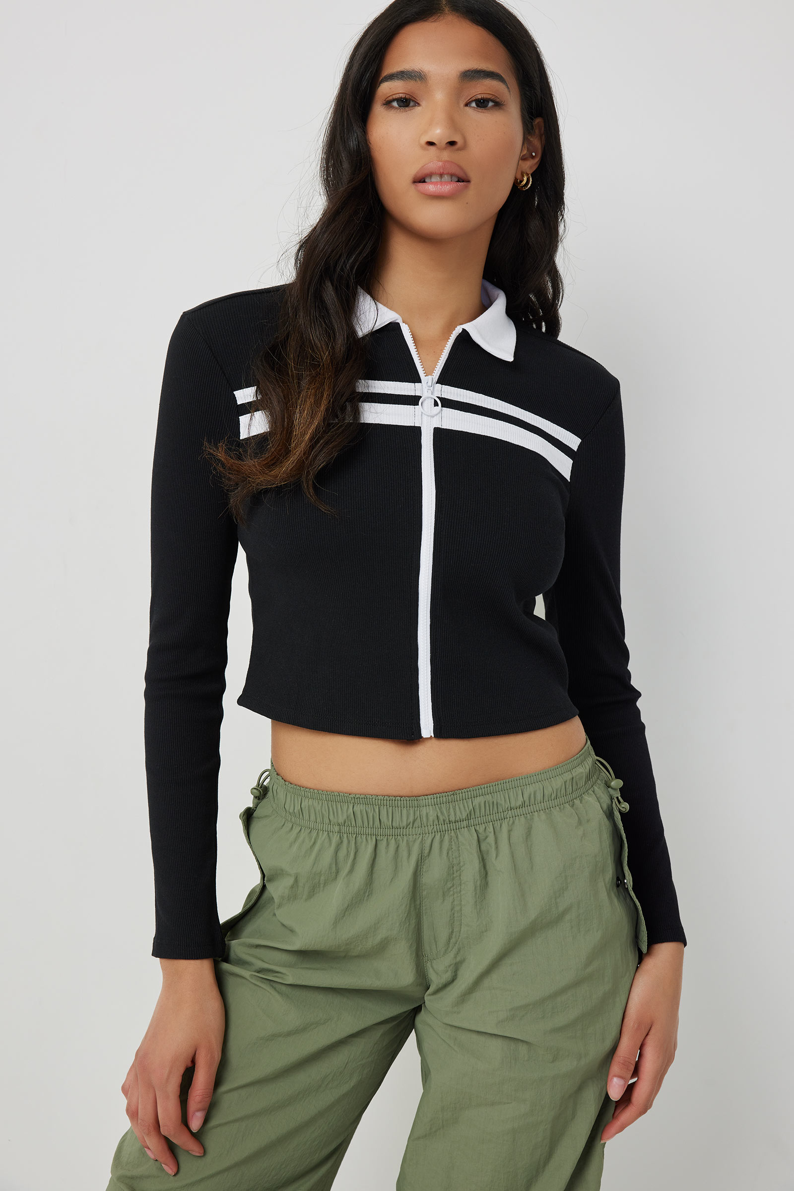 Ardene Long Sleeve Zip-Up Polo in Black | Size | Polyester/Cotton/Elastane