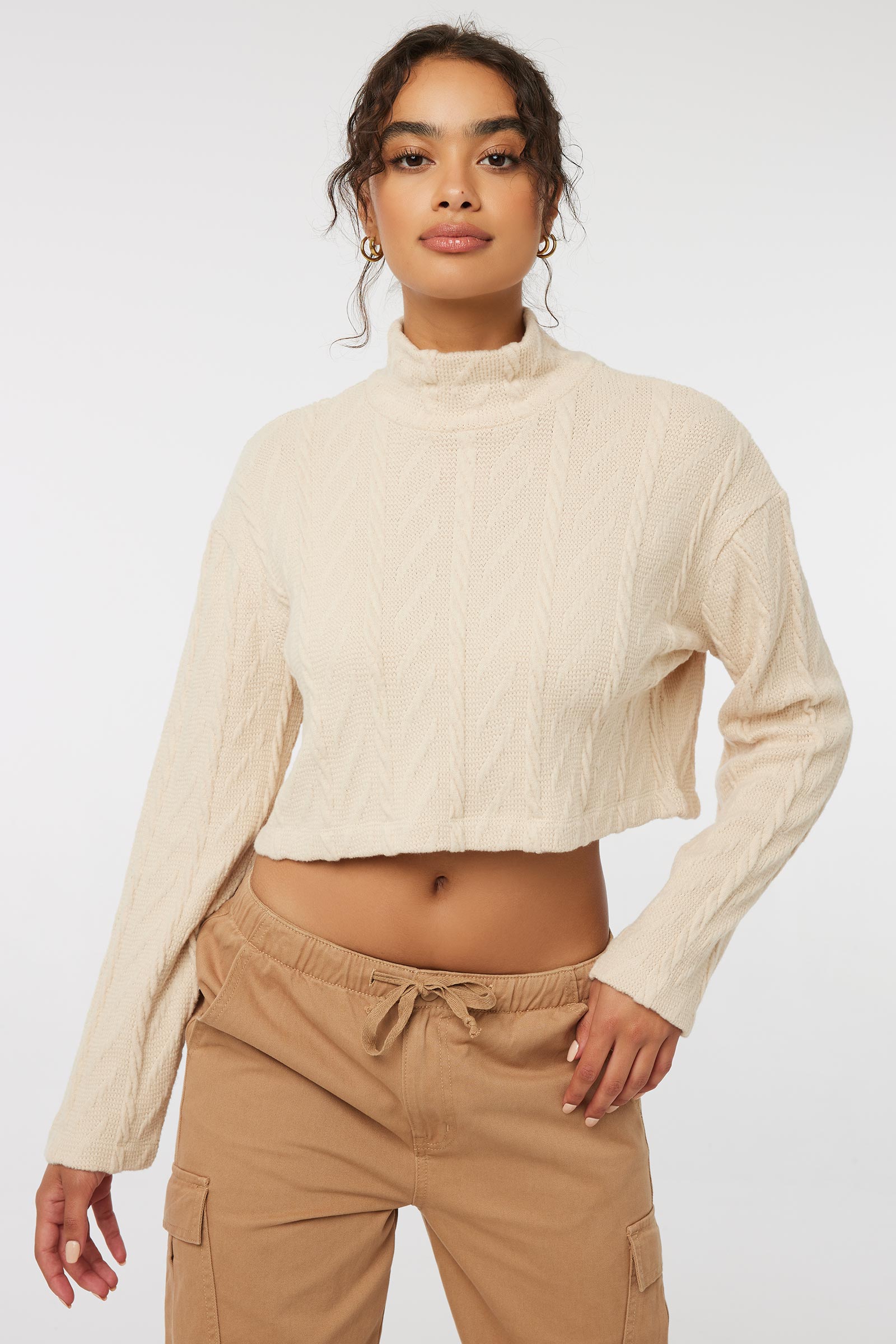 Ardene Mock Neck Crop Cable Sweater in Beige | Size | Polyester/Elastane/Viscose