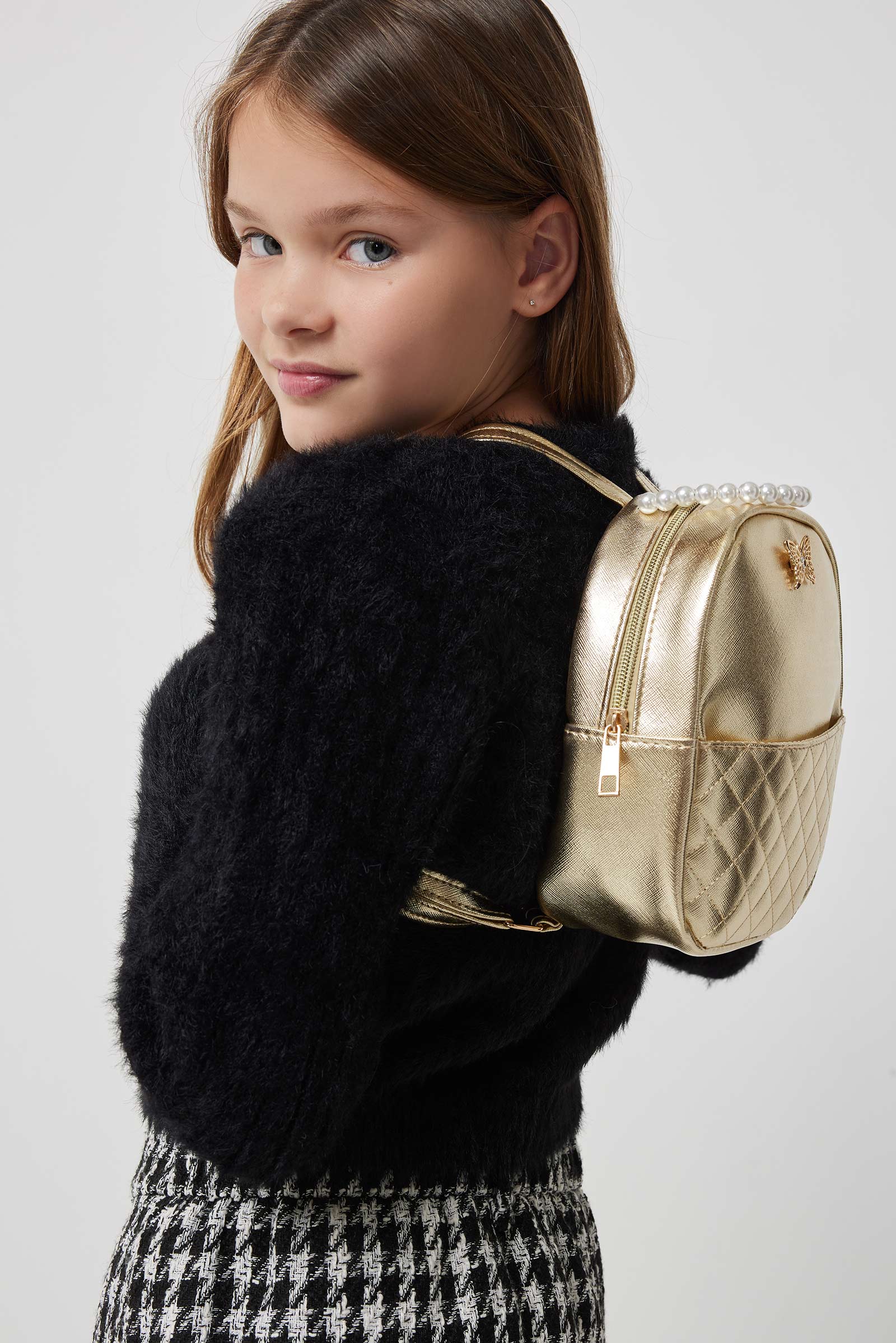 Ardene Gold Backpack with Pearl Handle | Faux Leather