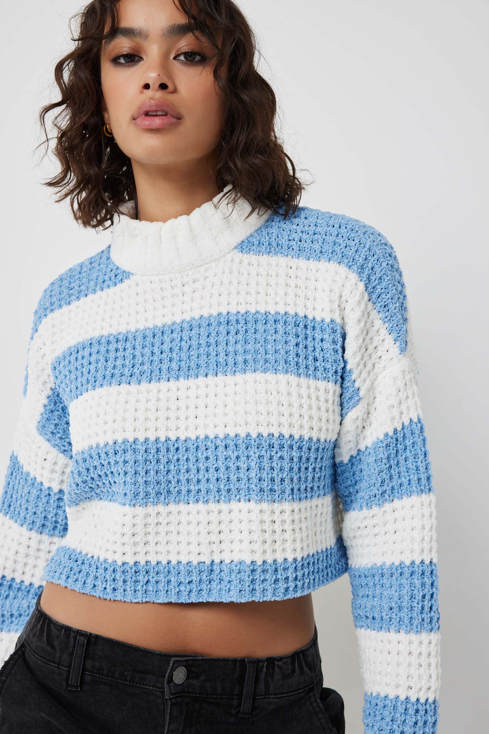 Ardene Striped Chenille Mock Neck Sweater in Light | Size | Polyester/Nylon