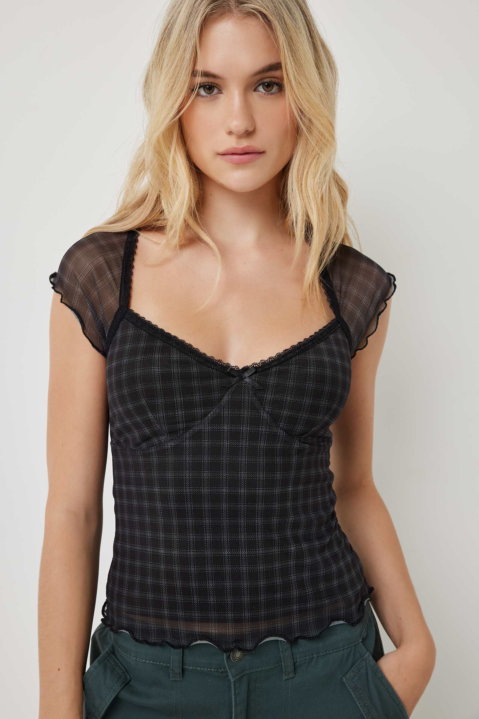 Ardene Checkered Mesh Top in Black | Size Large | Polyester/Spandex