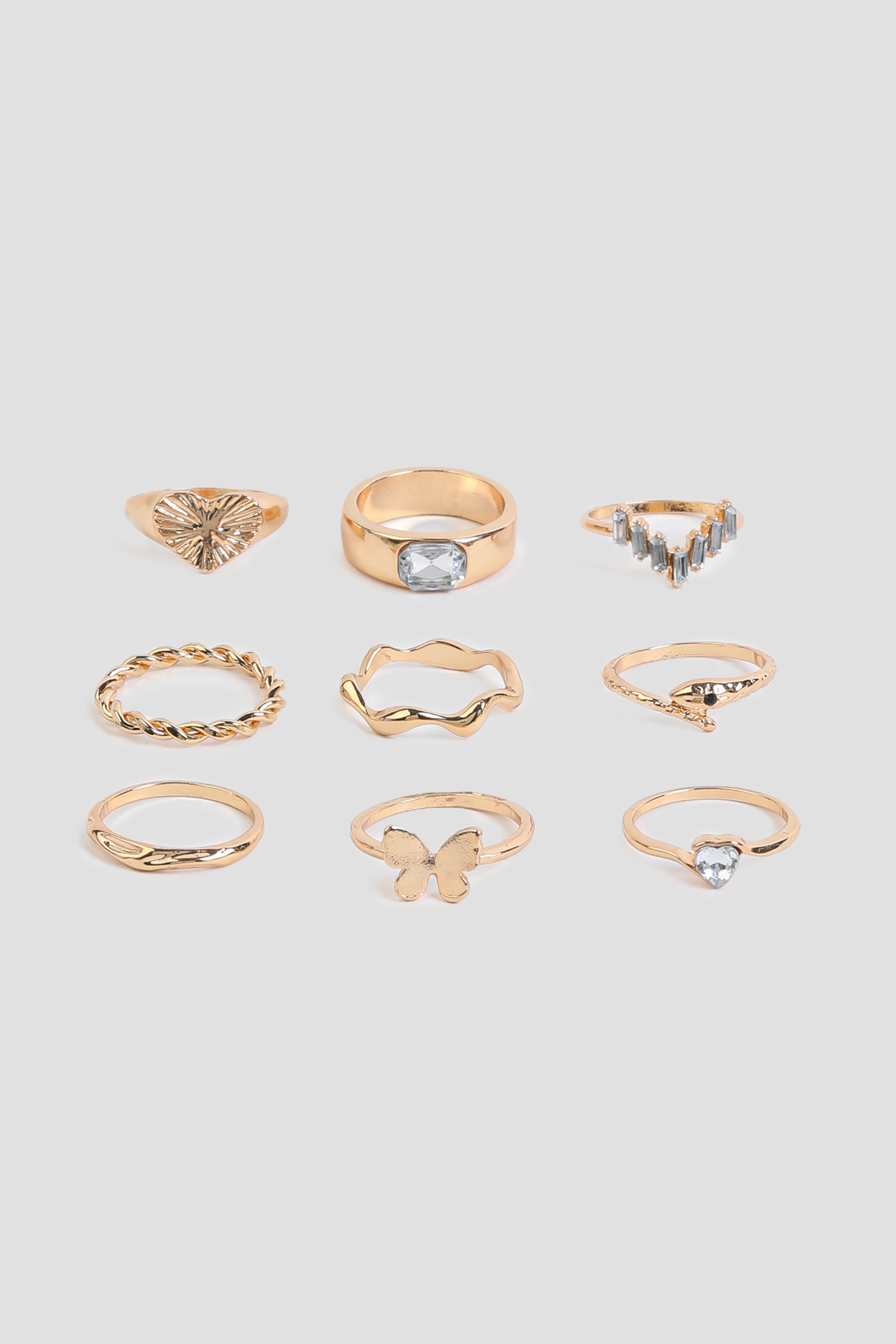 Ardene 9-Pack Butterfly & Stone Rings in Gold | Size