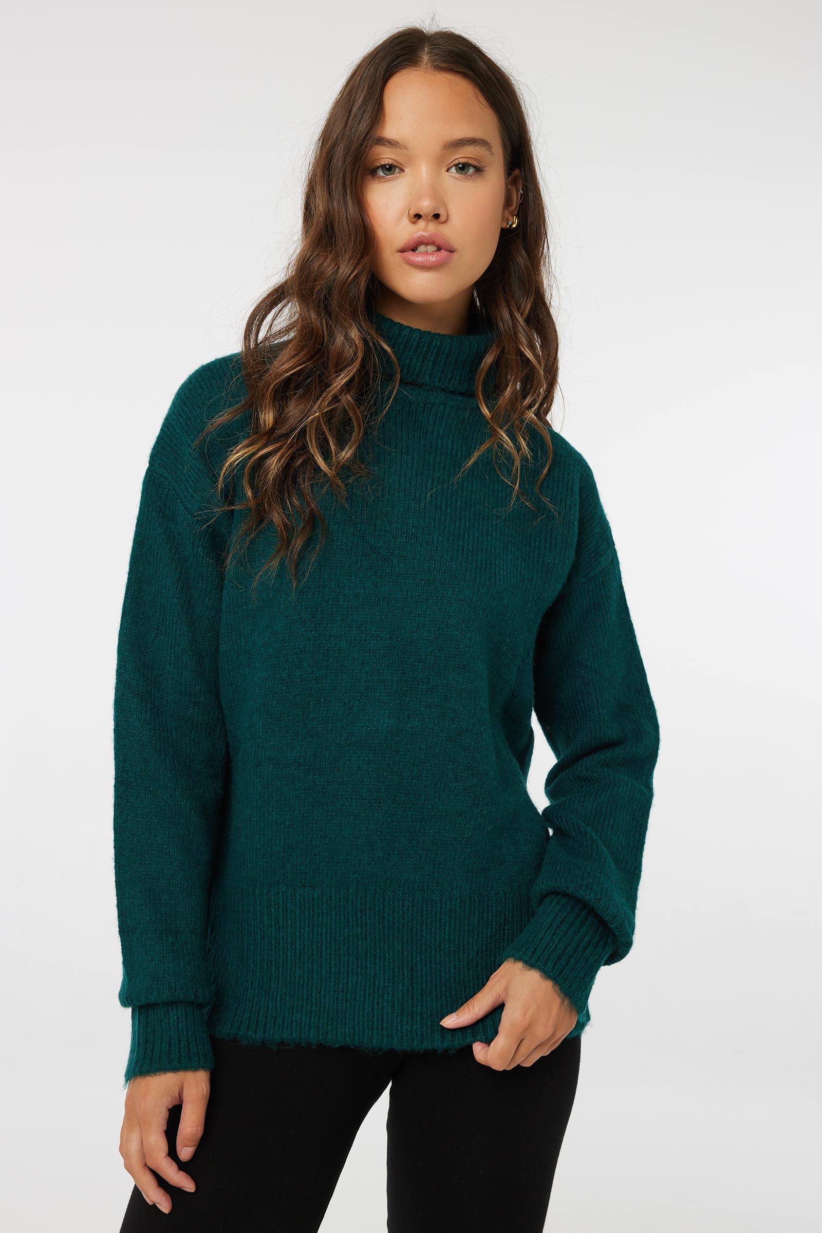 Ardene Fuzzy Knit Turtleneck in Dark Green | Size | Polyester