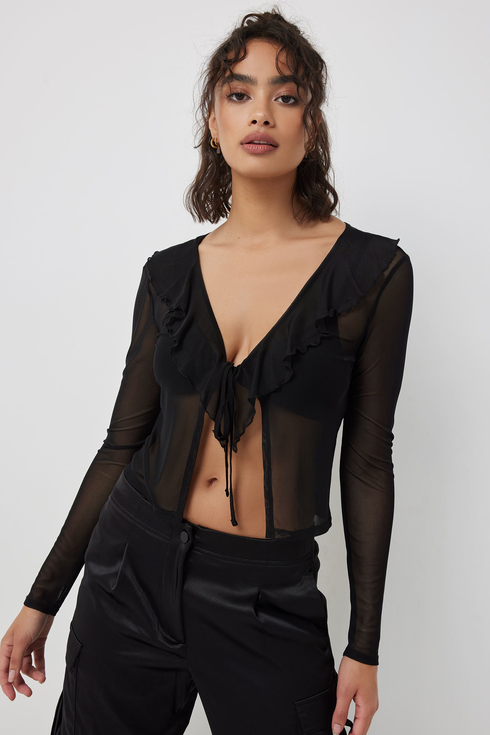 Ardene Cropped Tie Front Mesh Cardigan in Black | Size | Polyester/Spandex