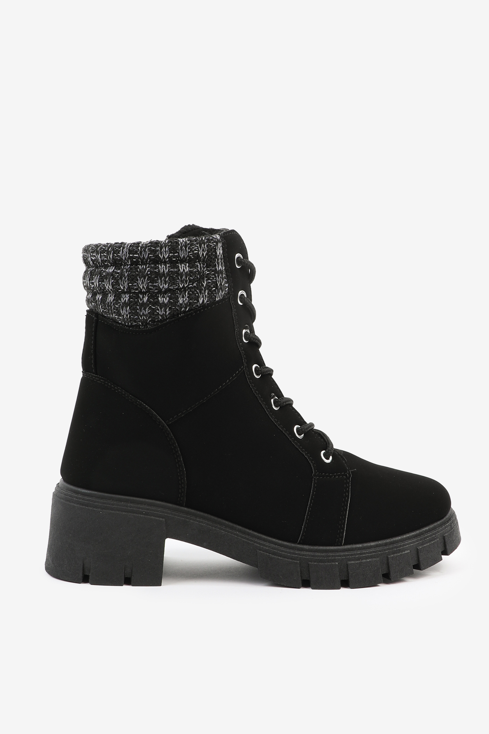 Ardene Warm-Lined Work Boots with Knit Collar in Black | Size 6 | Faux Suede/Rubber