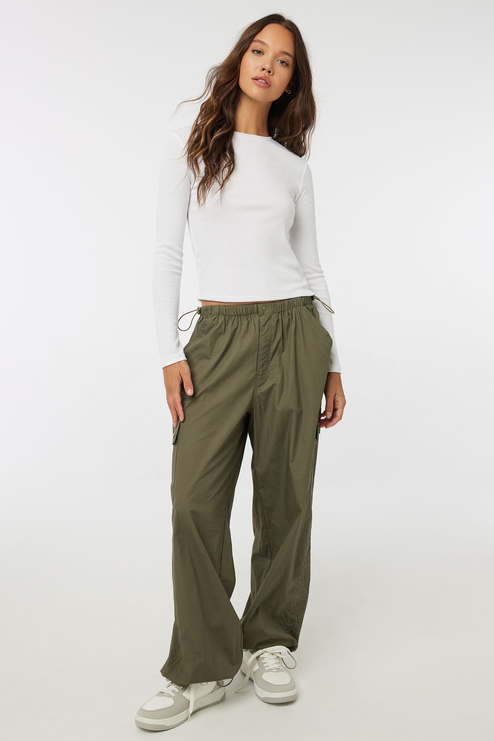 Ardene Parachute Pants with Embroidery Detail in Khaki | Size | 100% Cotton