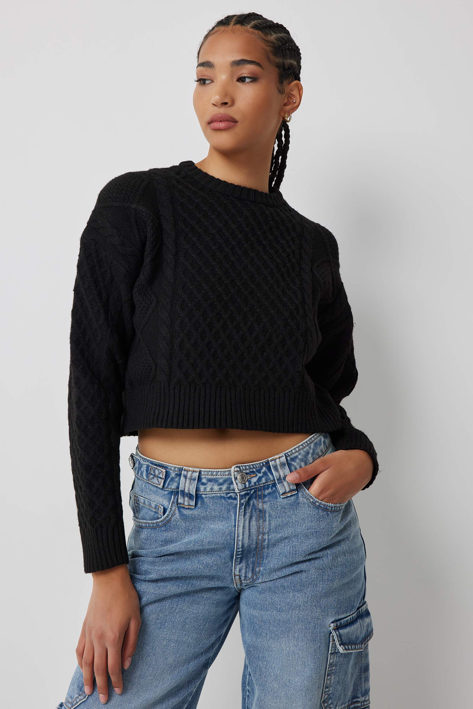 Ardene Chunky Cable Knit Cropped Sweater in | Size | Polyester