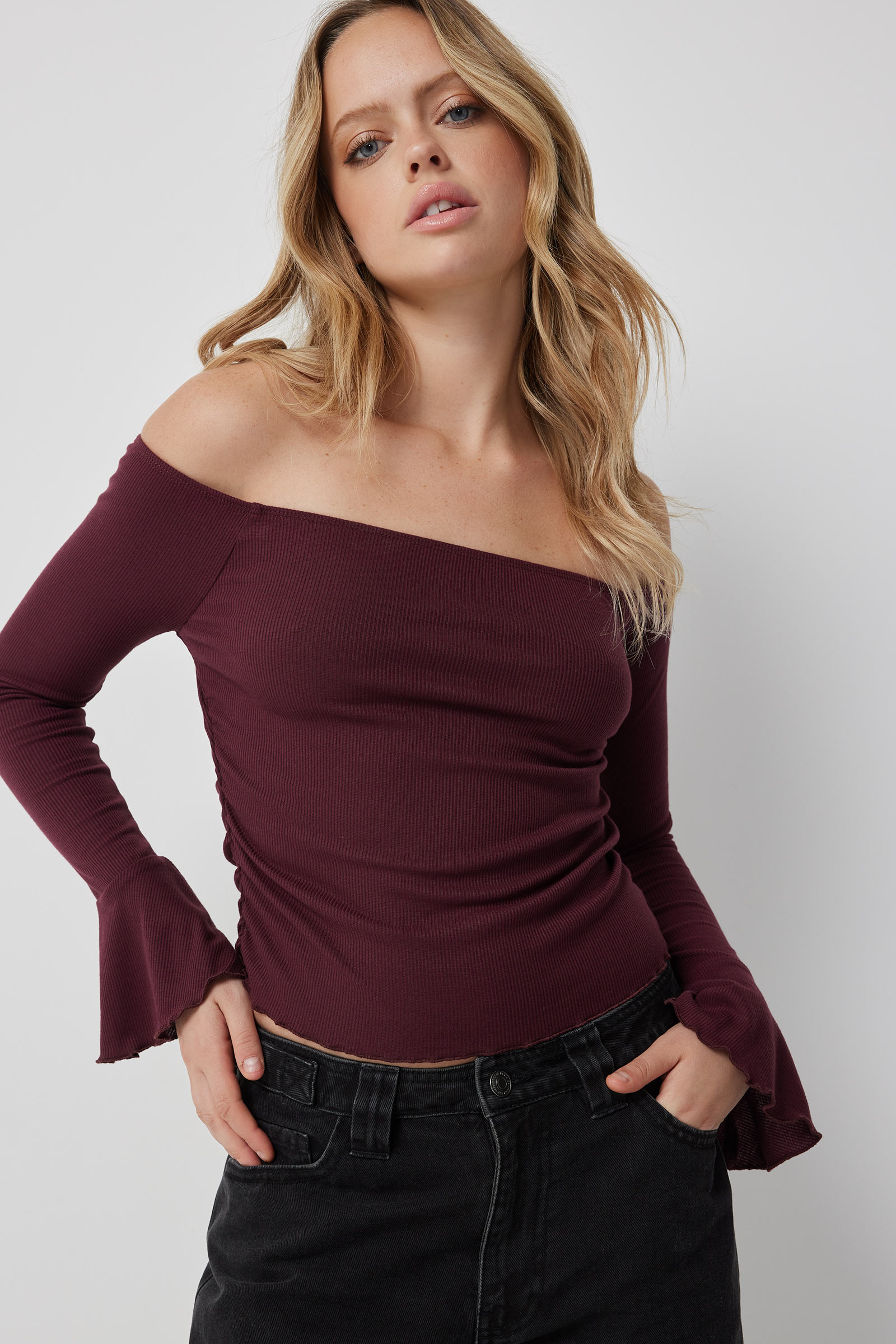 Ardene Off Shoulder Bell Sleeve Top in | Size | Polyester/Rayon/Elastane