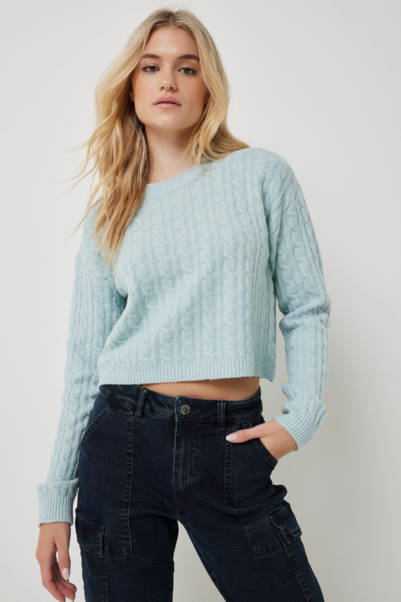 Ardene Crop Cable Sweater in Light Blue | Size | Polyester/Spandex