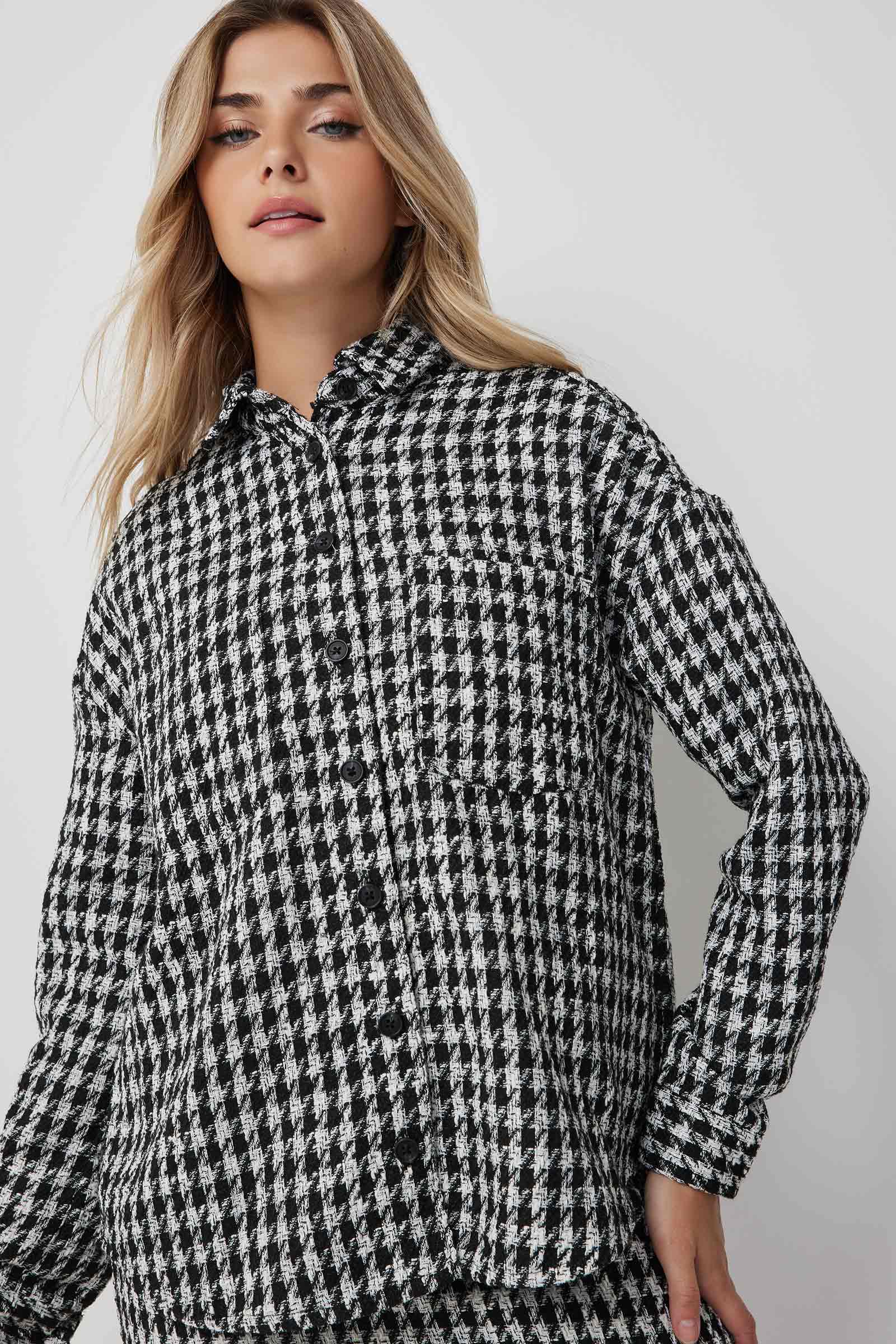 Ardene Oversized Tweed Shirt in Black | Size | Polyester