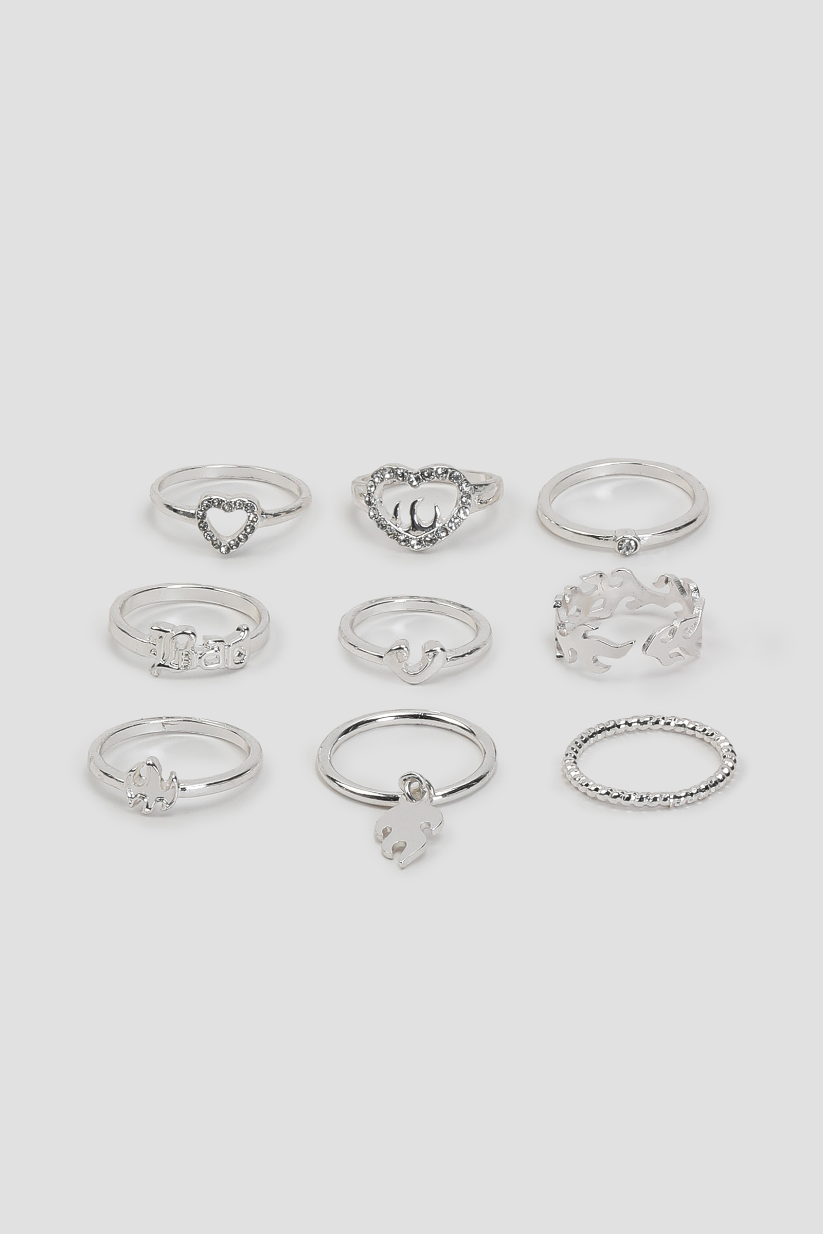 Ardene 9-Pack Heart & Flame Rings in Silver | Size