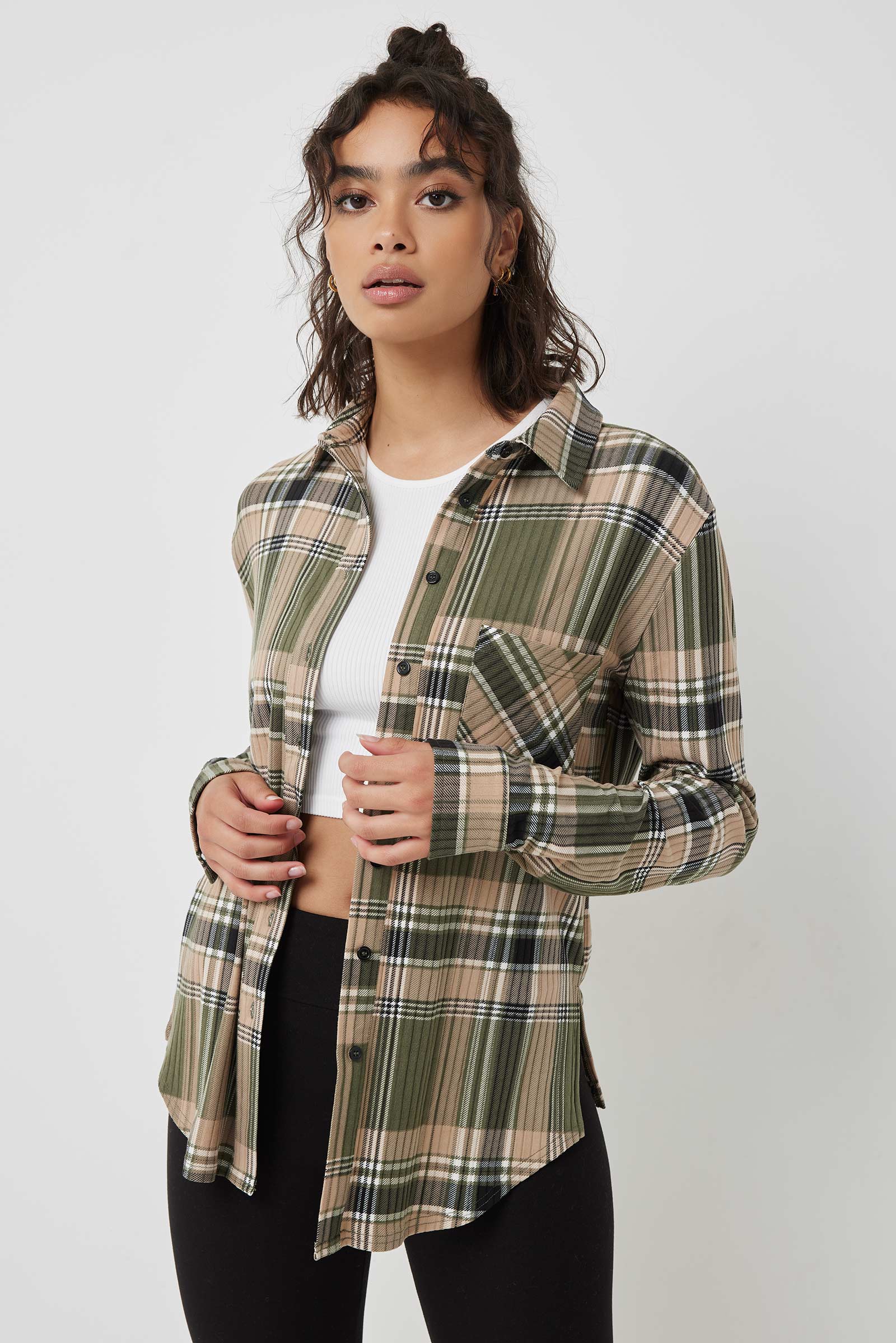 Ardene Super Soft Plaid Ribbed Shirt in Khaki | Size | Polyester/Spandex