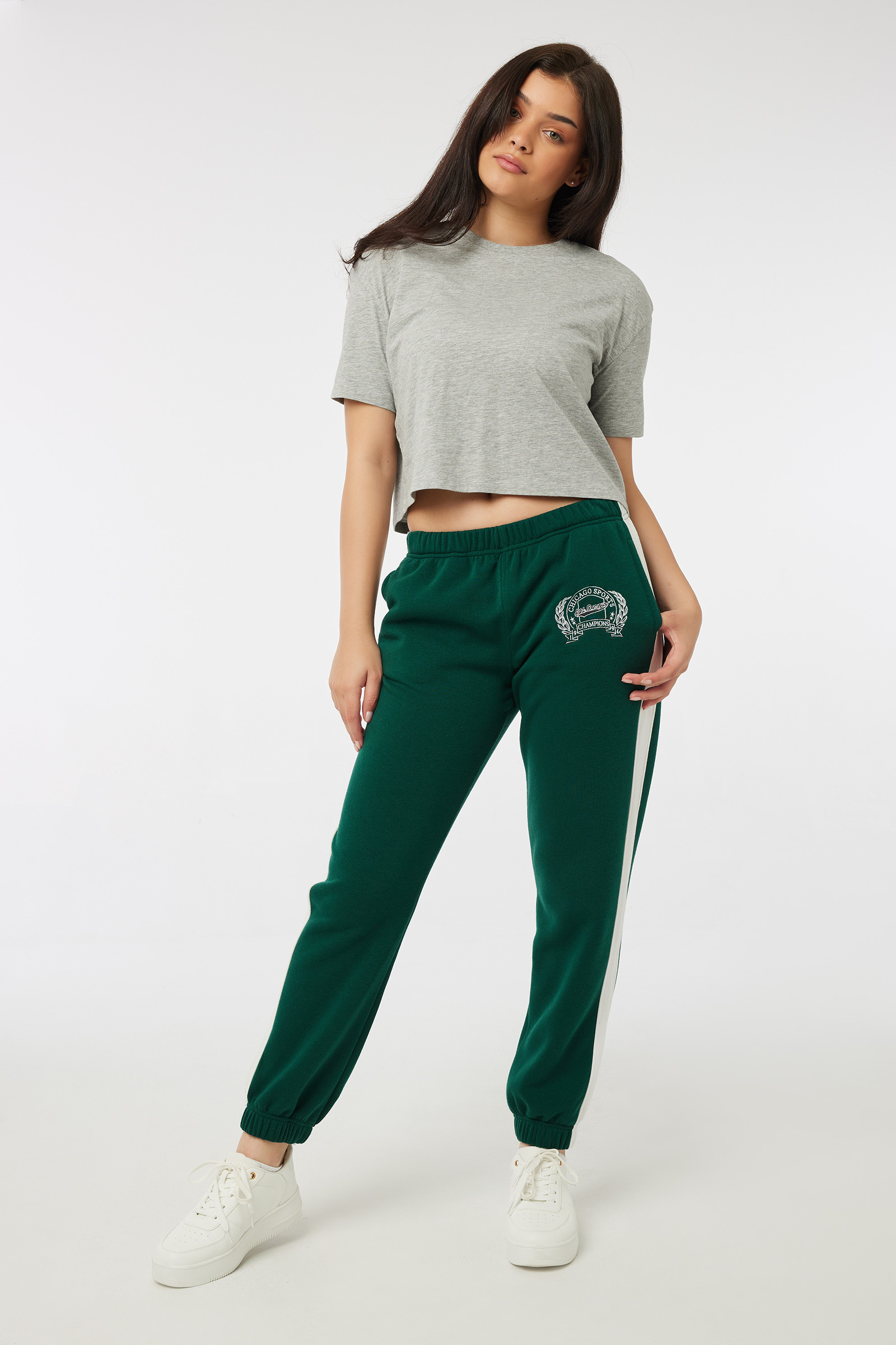 Ardene Side Stripe Sweatpants in Dark Green | Size | Polyester/Cotton | Fleece-Lined