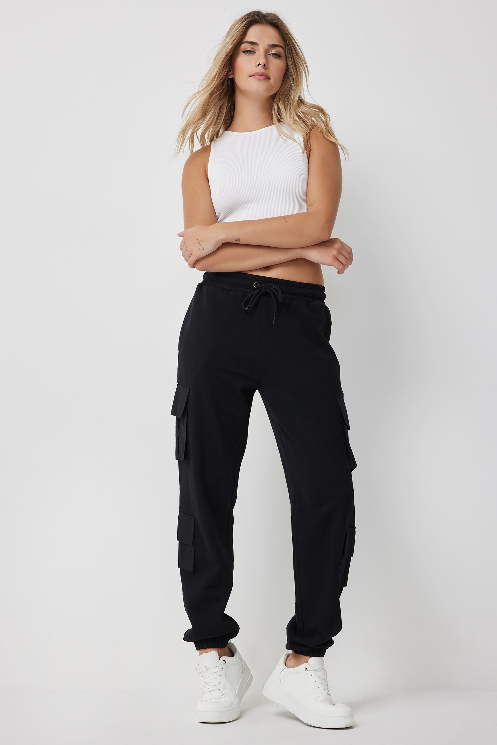 Ardene Black Cargo Sweatpants with Nylon Pockets | Size | Polyester/Cotton