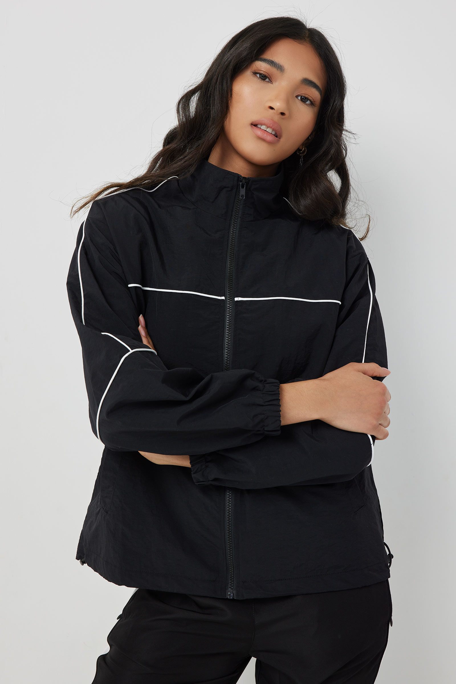 Ardene Black Windbreaker with Contrast Piping | Size | Polyester/Nylon