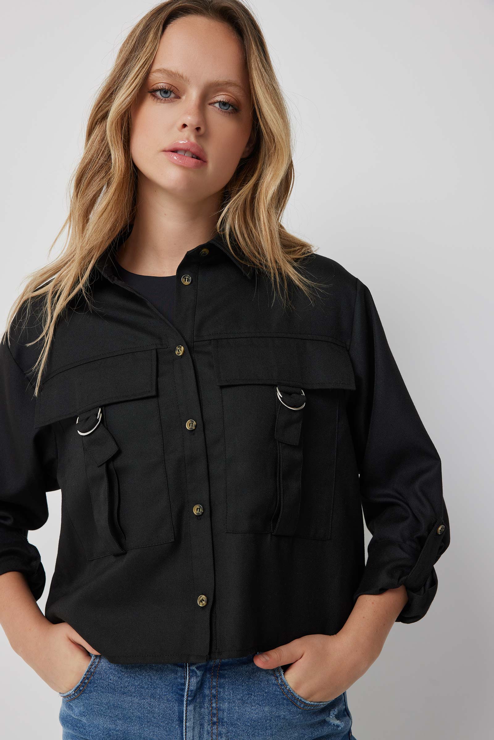 Ardene Boxy Utility Shirt in Black | Size | Polyester