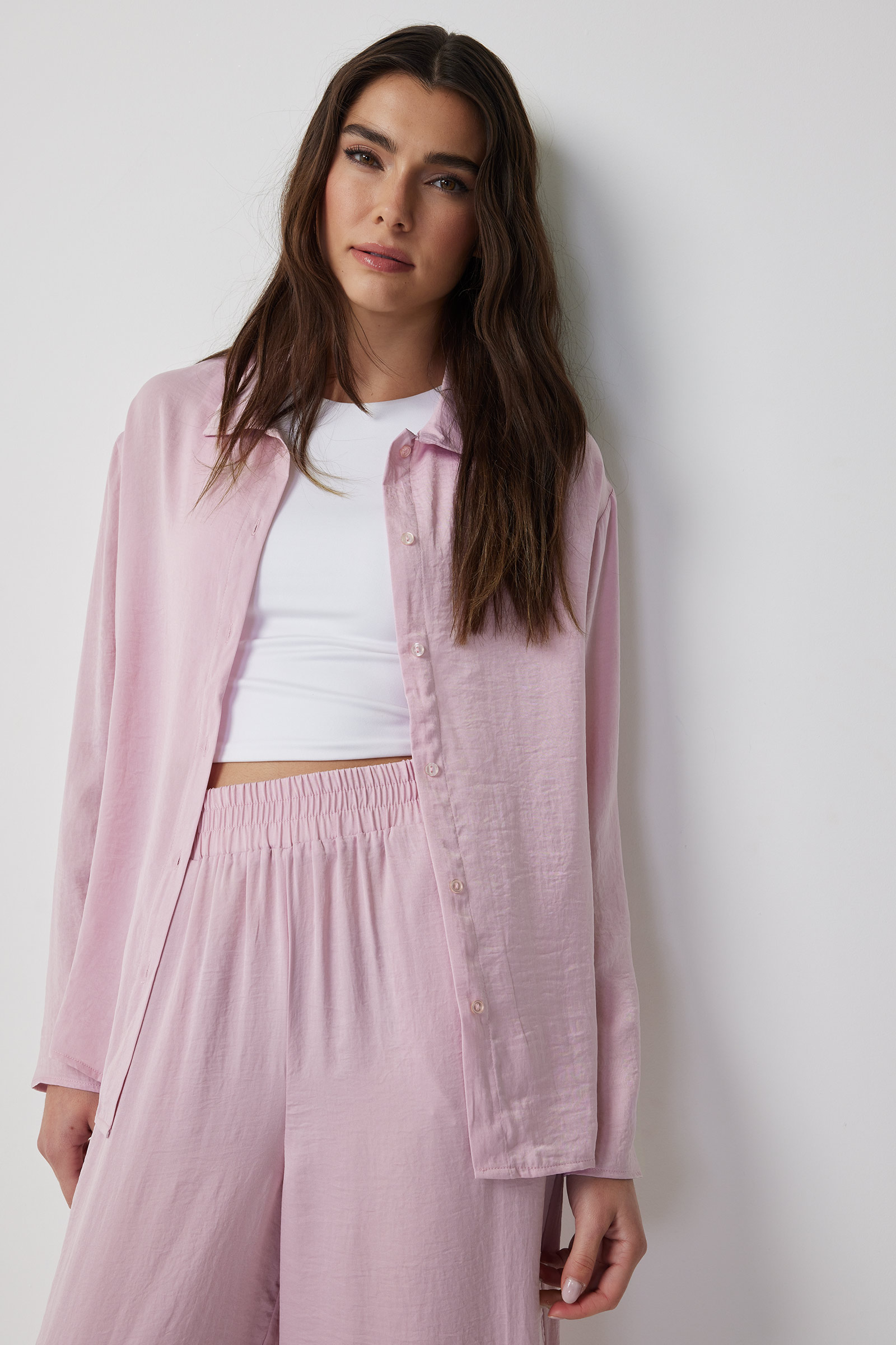 Ardene Flowy satin Shirt in Light Pink | Size | Polyester