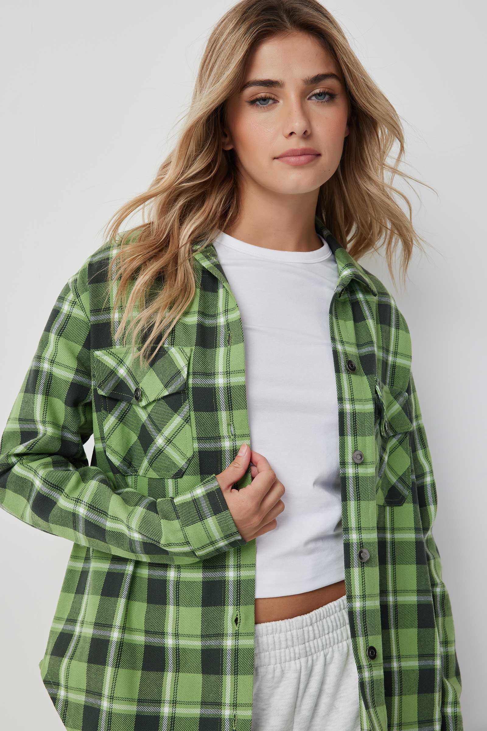 Ardene Twill Plaid Shirt in Green | Size Small | Polyester